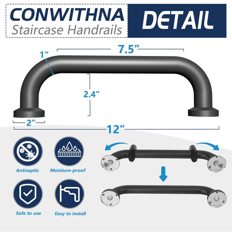 Conwithna 12” Stairway Hand Railing Safety Handle Bar Iron Outdoor Deck Rail Safety Handle Bar Banister Rail Indoor & Outdoor Deck Hand Rail Rustic Pipe Handle 440LBS Load Capacity Wall Mount Stainless Steel - Image 2